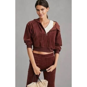 Anthropologie Daily Practice Corduroy Cropped Hoodie XS Brown Half Zip Pullover